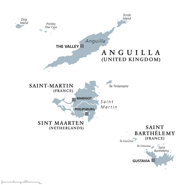 Anguilla, Saint-Martin, Sint Maarten e Saint Barthelemy mapa político —  Vetores de Stock