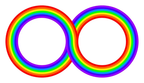 Zwei miteinander verflochtene, regenbogenfarbene Kreise — Stockvektor