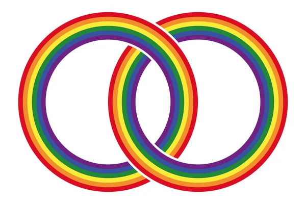 Two intersecting gay pride rainbow colored circles — Stock Vector