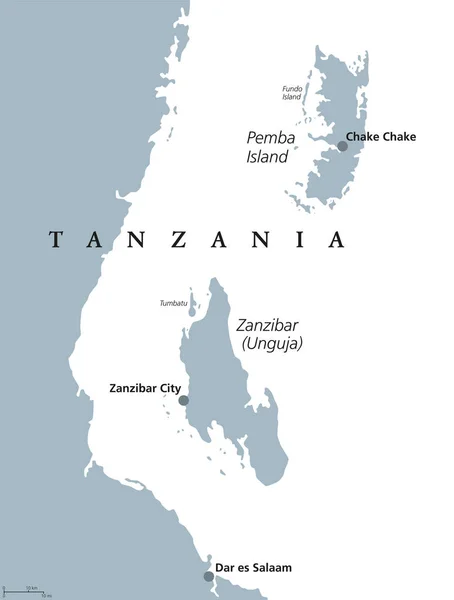桑给巴尔岛和奔巴岛坦桑尼亚政治地图 — 图库矢量图片