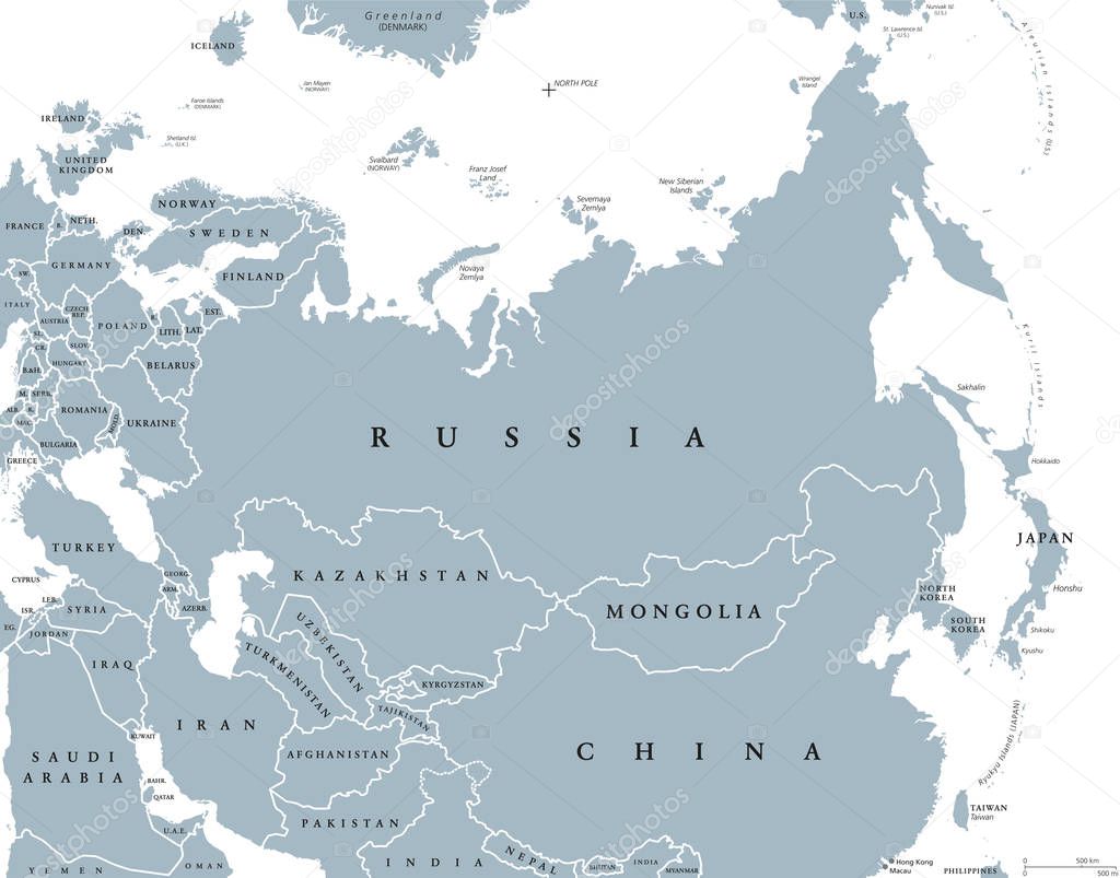 Eurasia political map with countries and borders