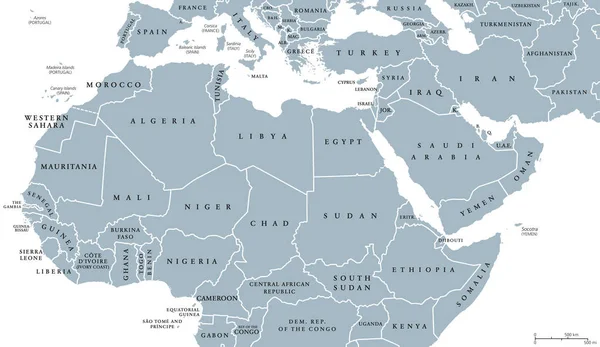 Politieke kaart van Noord-Afrika en Midden-Oosten — Stockvector