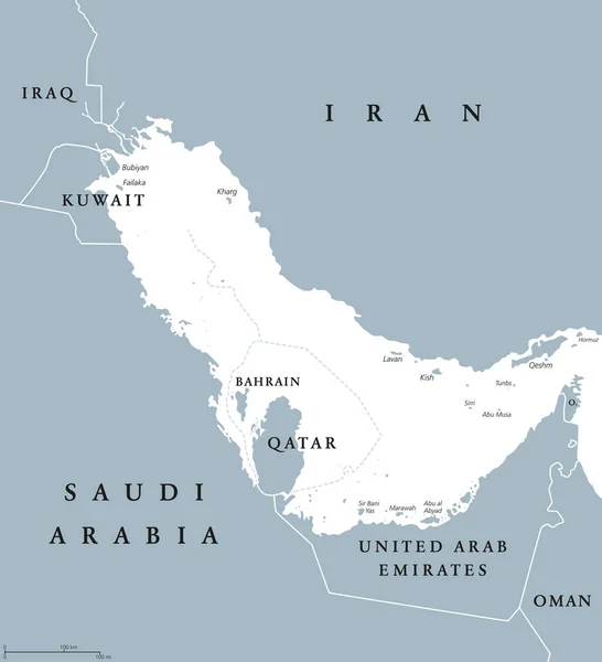Región del Golfo Pérsico mapa político azul gris — Vector de stock