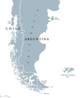 Patagonya ve Falkland Adaları siyasi harita