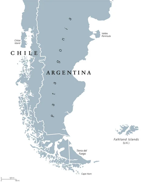 Patagonië en de Falklandeilanden politieke kaart — Stockvector