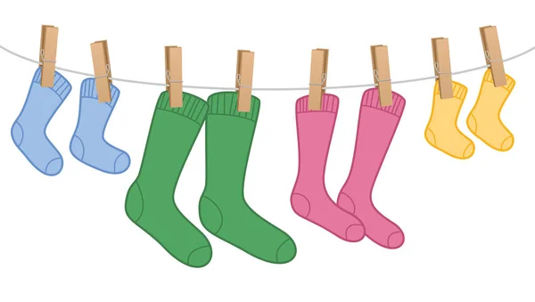 Clothes Line Wool Socks Family Colors — Stock Vector