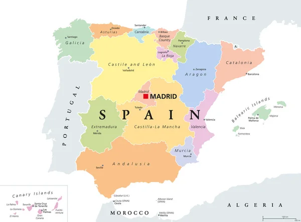 Comunità autonome della Spagna mappa politica — Vettoriale Stock
