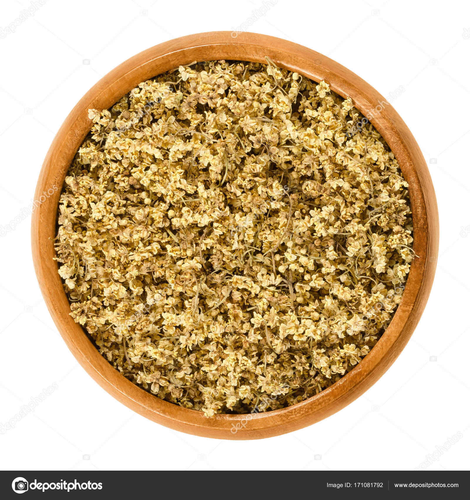 Fleurs De Sureau Séchées Dans Un Bol En Bois Au Blanc