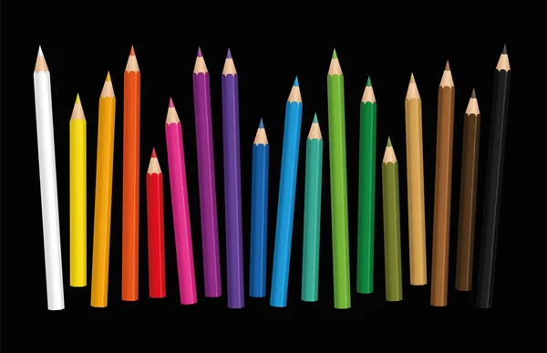 Crayons diferentes comprimentos dispostos frouxamente fundo preto — Vetor de Stock