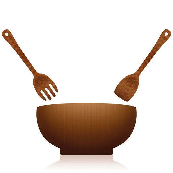 Salade Bowl Servers keuken Tools donker hout — Stockvector