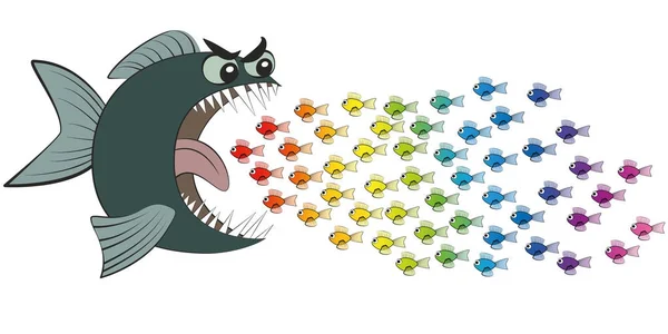 Велика риба їсть багато маленьких барвистих риб коміксів — стоковий вектор
