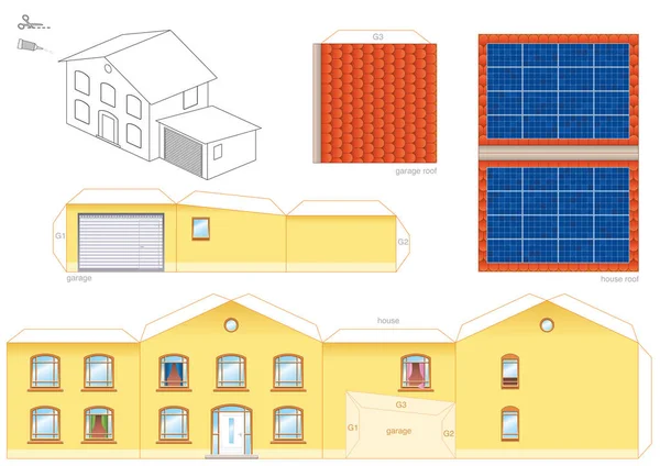 Dům solárních tepelných kolektorů Papercraft — Stockový vektor