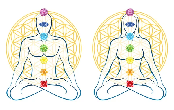 Flor de la Vida Chakras Pareja Meditación de Yoga — Archivo Imágenes Vectoriales