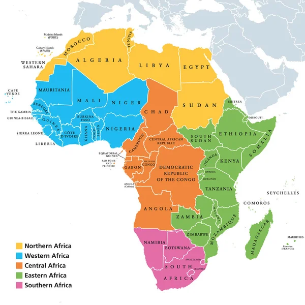 Mappa delle regioni africane con singoli paesi — Vettoriale Stock