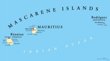 Maskaren Adaları siyasi harita, Mauritius, Reunion ve Rodrigues