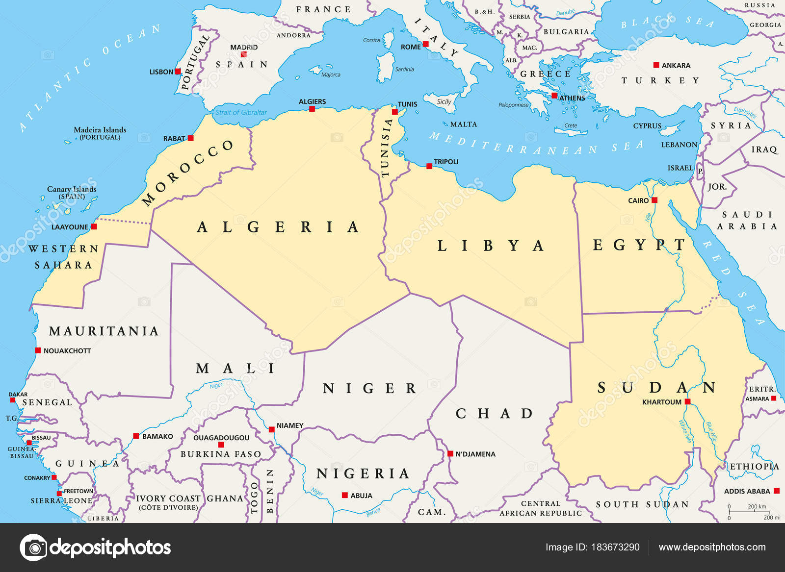 mapa regionu Regionu Afryki Północnej, polityczna mapa — Grafika wektorowa  mapa regionu