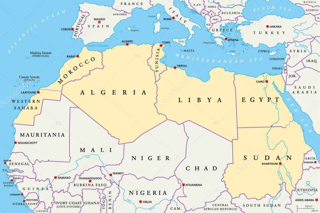 North Africa Countries Political Map With Capitals And Borders From