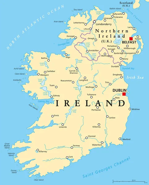 Polityczna mapa Irlandii i Irlandii Północnej — Wektor stockowy