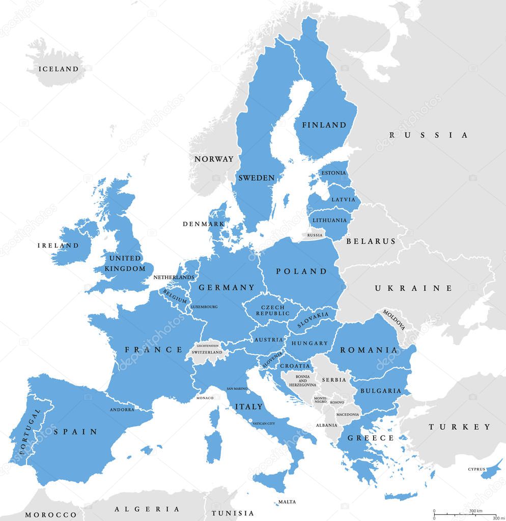 European Union countries, English labeling,  political map