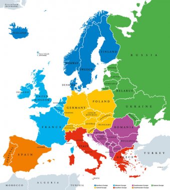 Avrupa siyasi Haritası, bölgelerinde tek ülkeler, etiketleme İngilizce