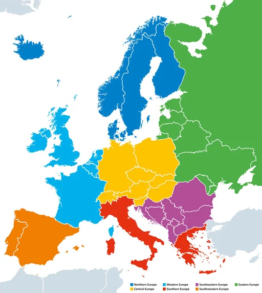 Regiony Evropy, Politická mapa s jednotlivé země — Stockový vektor