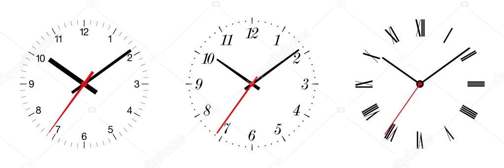 Three different clock faces over white
