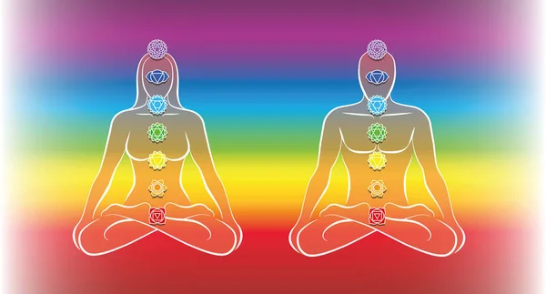 Chakras pareja meditación arco iris fondo — Vector de stock