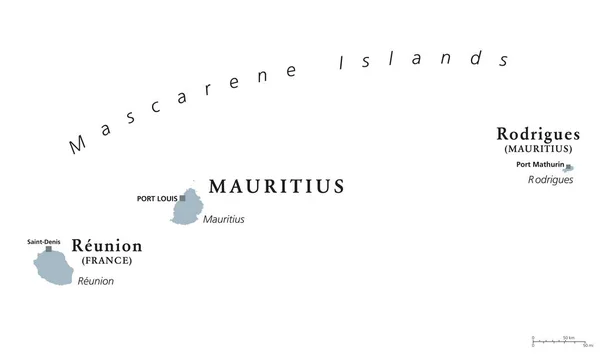 Islas Mascarene, mapa gris, Mauricio, Reunión, Rodrigues — Vector de stock