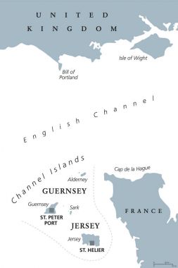 Channel Islands Guernsey ve Jersey, gri siyasi harita