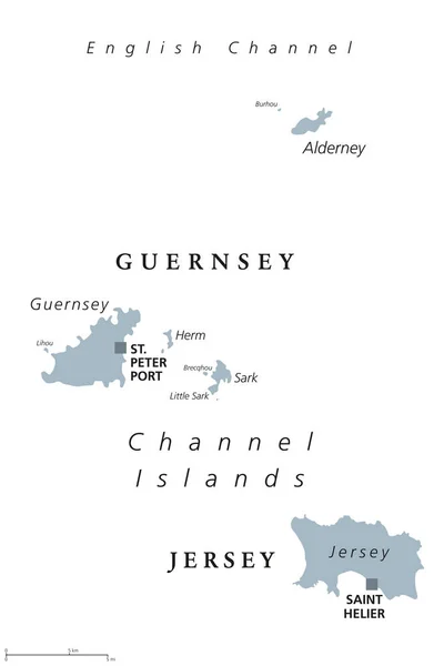 Guernesey et Jersey, Îles Anglo-Normandes, carte politique grise — Image vectorielle