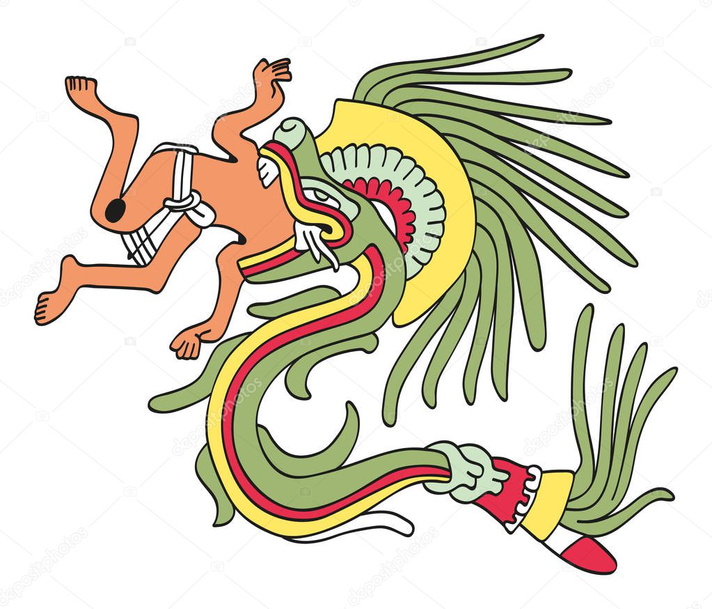 Quetzalcoatl in feathered serpent form, eating a man