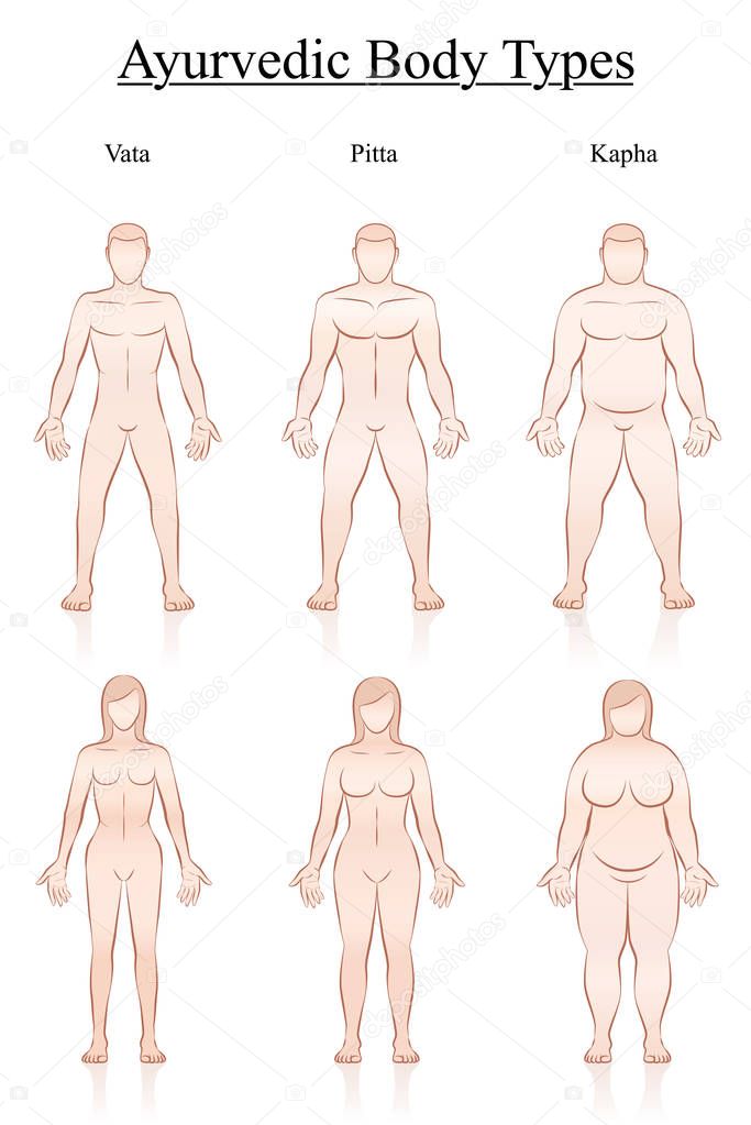 Body weight. Slim, normal and fat men and women. Ayurvedic body constitution types - vata, pitta, kapha. Outline vector illustration of three couples with different anatomy.