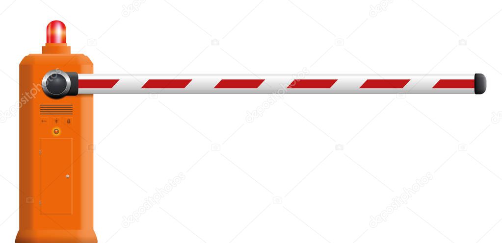 Barrier gate with closed bar and red warning light - isolated realistic technical 3d vector illustration on white background.