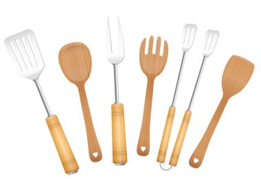 Barbekü araçları ve salata sunucuları. Büyüleyici vintage Barbekü aletleri. Maşa, şiş, çatal, kaşık ve spatula - beyaz arka plan üzerinde izole vektör çizim.