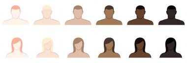 Cilt cilt tonu Womencomplexion. Farklı tonları ve kadın ve erkek saç renkleri. Çok makul, adil, orta, zeytin, kahverengi ve siyah. Beyaz arka plan üzerinde vektör illüstrasyon izole. Erkekler