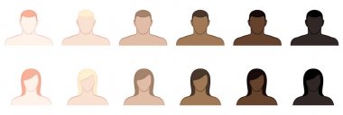 Complexion Skin Tone WomenComplexion. Different skin tones and hair colors of men and women. Very fair, fair, medium, olive, brown and black. Isolated vector illustration on white background. Men clipart