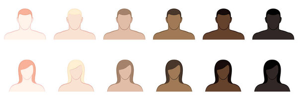 Complexion Skin Tone WomenComplexion. Different skin tones and hair colors of men and women. Very fair, fair, medium, olive, brown and black. Isolated vector illustration on white background. Men