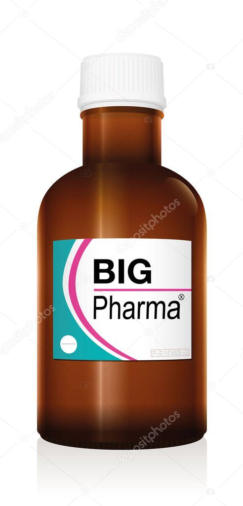 Medicine bottle named BIG PHARMA, a medical fake product, symbol for financial pharma business, health problems, profit and negative image of medicine issues - isolated vector on white.