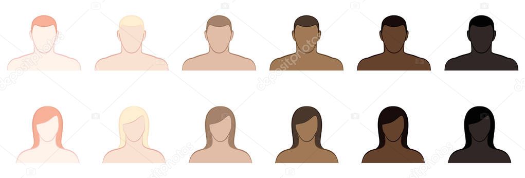 Complexion Skin Tone WomenComplexion. Different skin tones and hair colors of men and women. Very fair, fair, medium, olive, brown and black. Isolated vector illustration on white background. Men