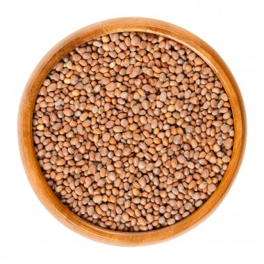 Daikon turp tohumları üzerinde beyaz ahşap kase