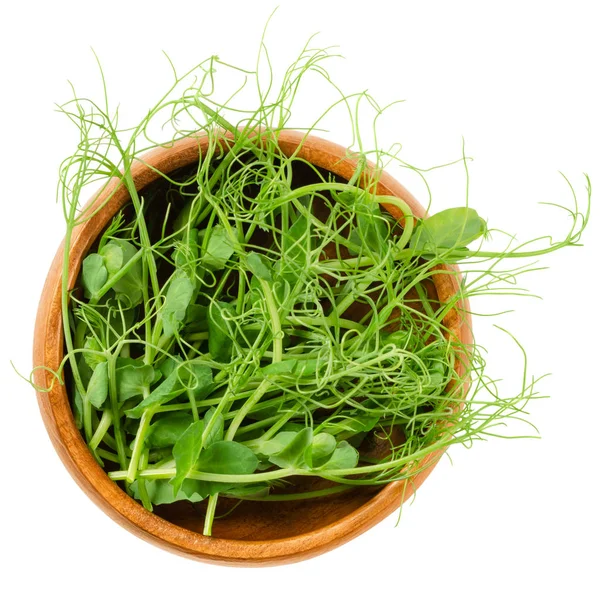 Microgreen Guisante Cuenco Madera Cotiledones Pisum Sativum Brotes Verdes Plantas — Foto de Stock