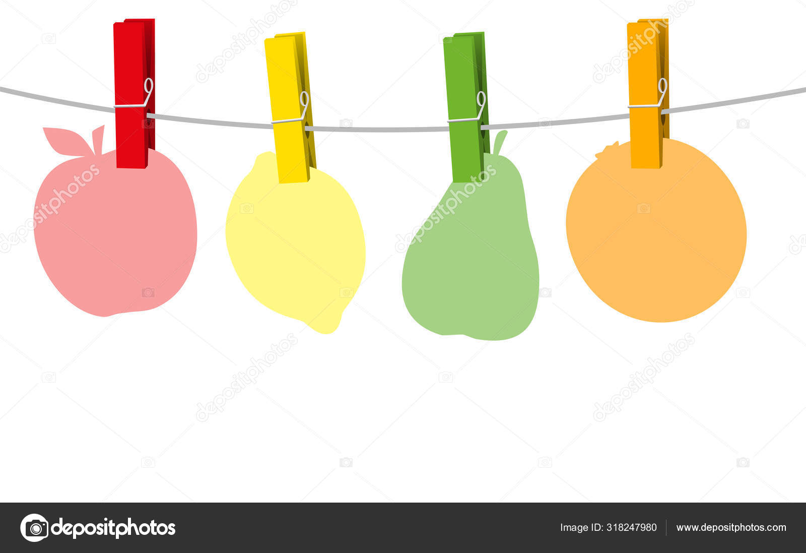 Four colored paper fruits and clothes pins on a clothes line rope