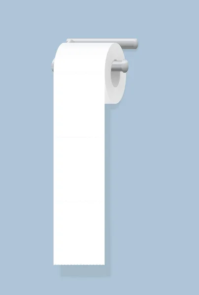 Vit toalettpapper rulle hängande på krom hållare. Isolerad vektor illustration på blå bakgrund. — Stock vektor