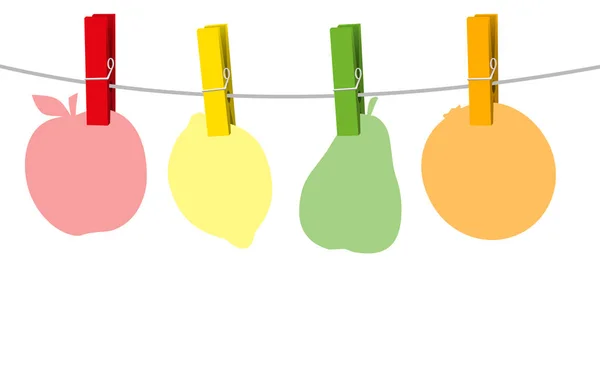 Quatro frutos de papel coloridos e alfinetes de roupa em uma corda de linha de roupa. Ilustração vetorial isolada sobre fundo branco . —  Vetores de Stock