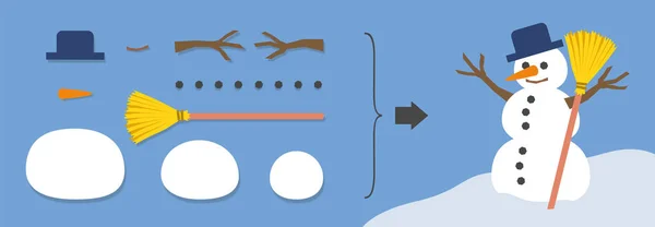 Snømann bygger instruksjoner. Enkelt og greit med sine enkeltdeler. Tegneserie om vektorer på blå bakgrunn . – stockvektor