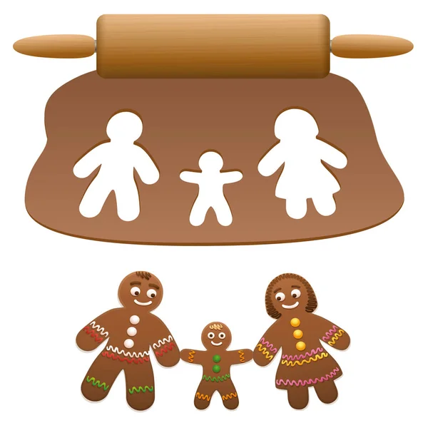 Familia de pan de jengibre, padre, madre, hijo. Padres felices con su hijo cortado de masa de lebkuchen. Ilustración vectorial aislada sobre fondo blanco . — Archivo Imágenes Vectoriales