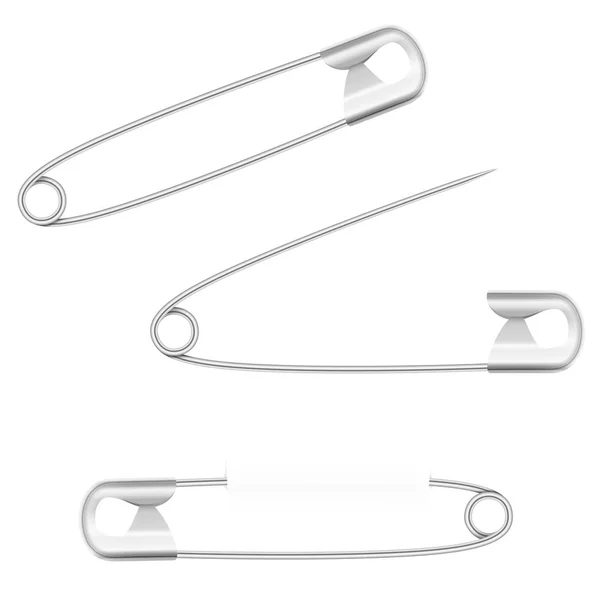 Safety pins, open, closed and pierced. Silver metallic household equipment. Isolated vector illustration on white background. — Stock Vector