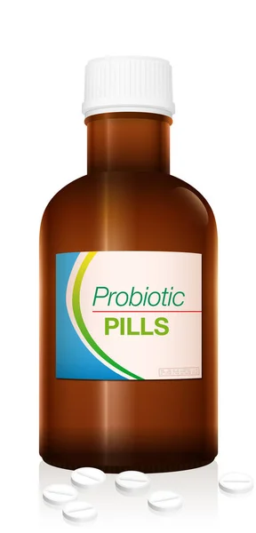Pílulas probióticas como um suplemento à dieta saudável e nutrição consciente frasco de manequim médico chamado PILAS PROBIÓTICAS. Vetor isolado sobre fundo branco . — Vetor de Stock