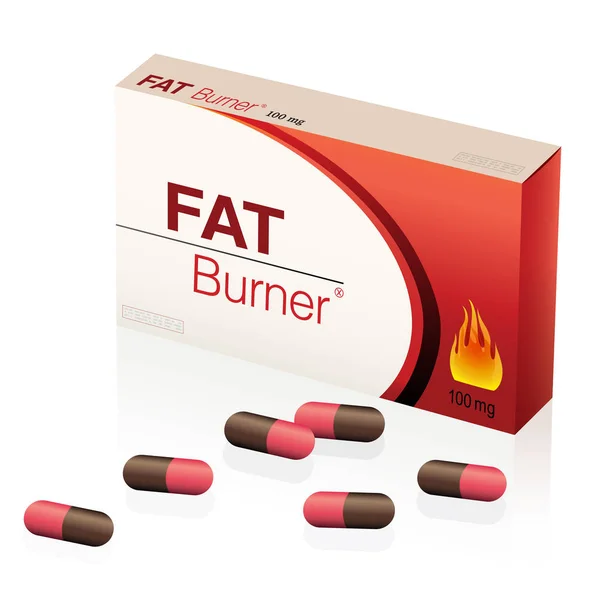 Prášky na spalování tuků, balíček kapslí pro farmaceutickou léčbu zhubnout, lékařský falešný produkt. Izolovaný vektor na bílém pozadí. — Stockový vektor