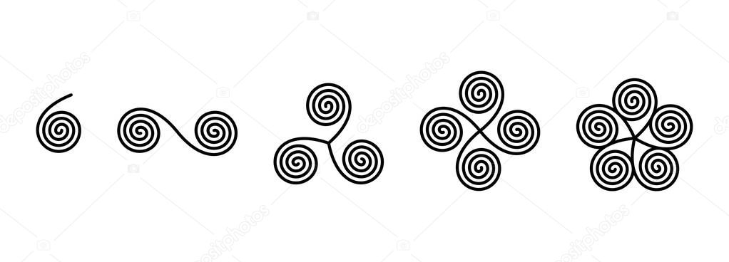Connected linear spirals forming ancient symbols
